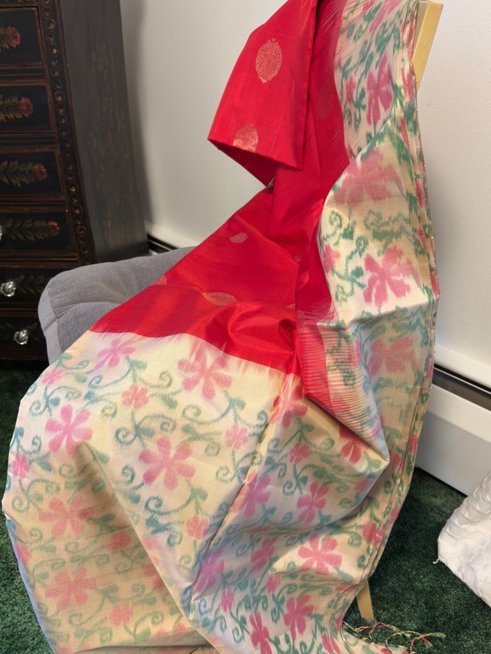 Beautiful red benarashi with ikat border